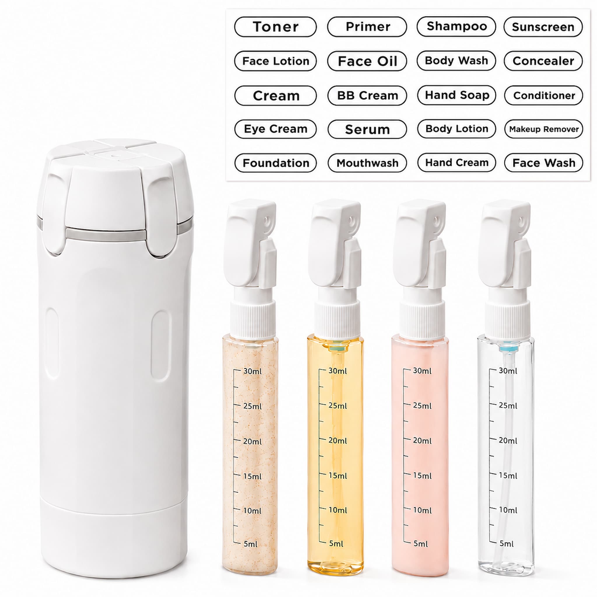 PIQOLA 4-in-1 Travel Dispenser Bottle Set (30ml ×4) | Leak-Proof TSA Approved Refillable Toiletry Container for Shampoo & Lotion