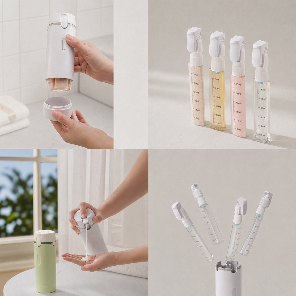 White travel dispenser with four refillable bottles