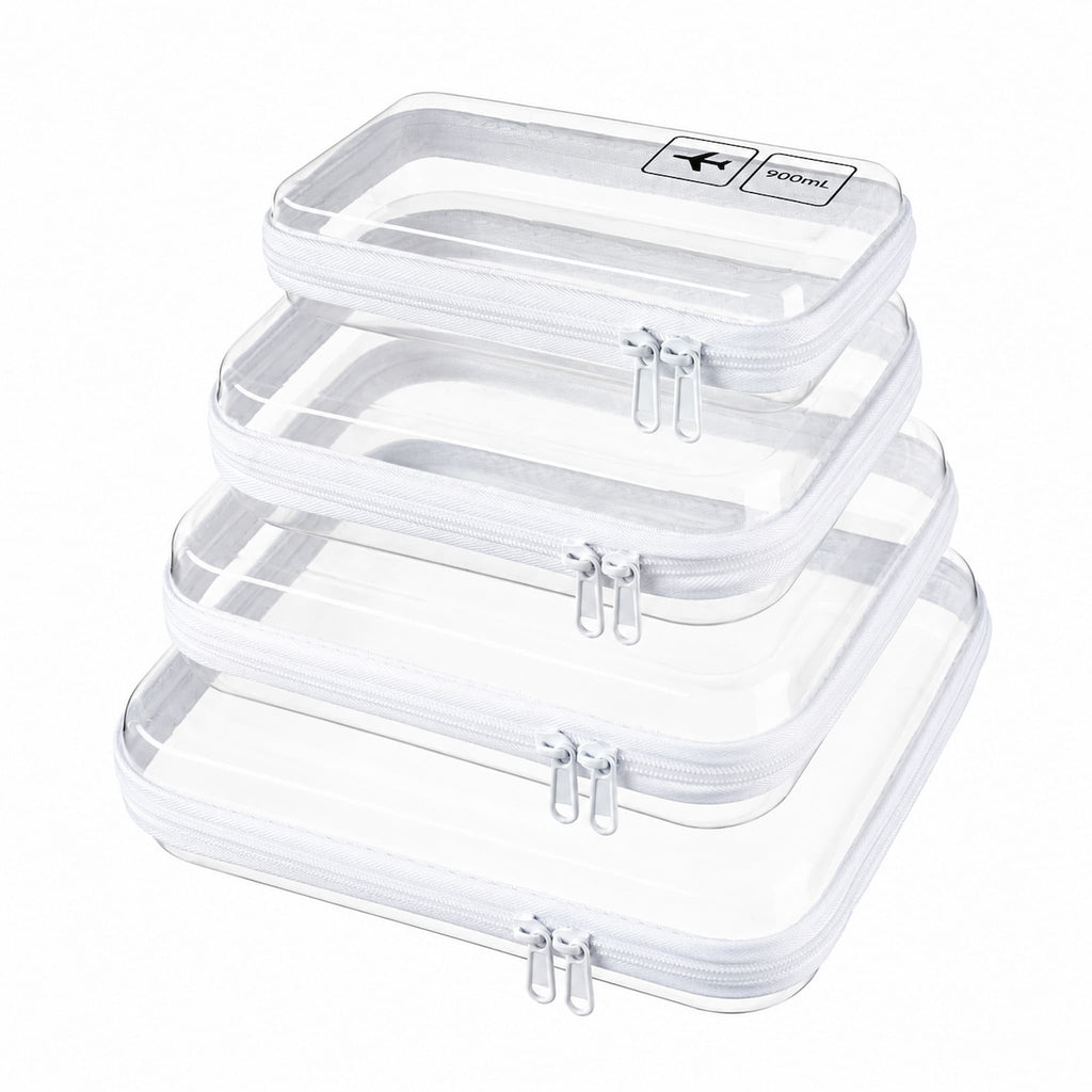 Four nested clear plastic zippered travel organizers with white zippers
