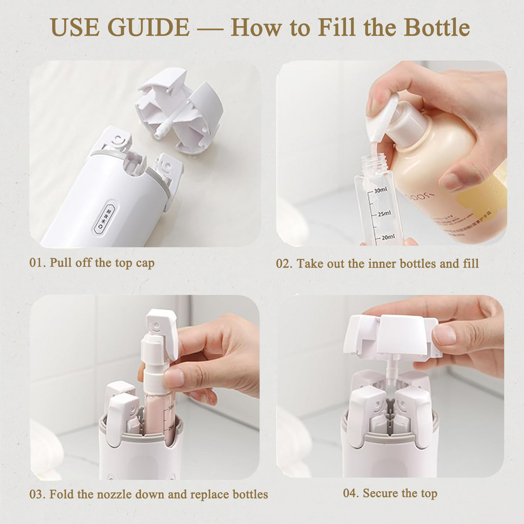 Step-by-step guide to filling the travel bottles